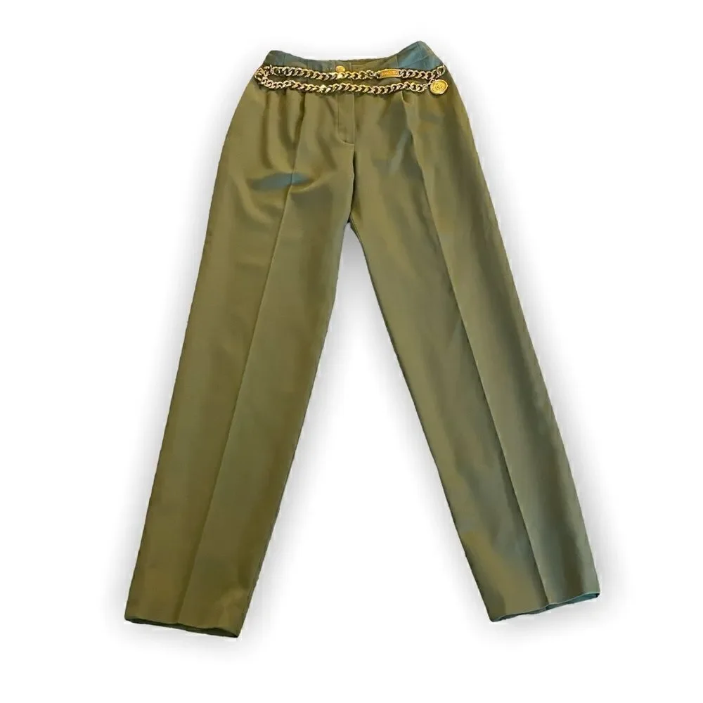 VINTAGE CHANEL Military Green Stunning High-Waisted Wool & Silk Tailored Pants